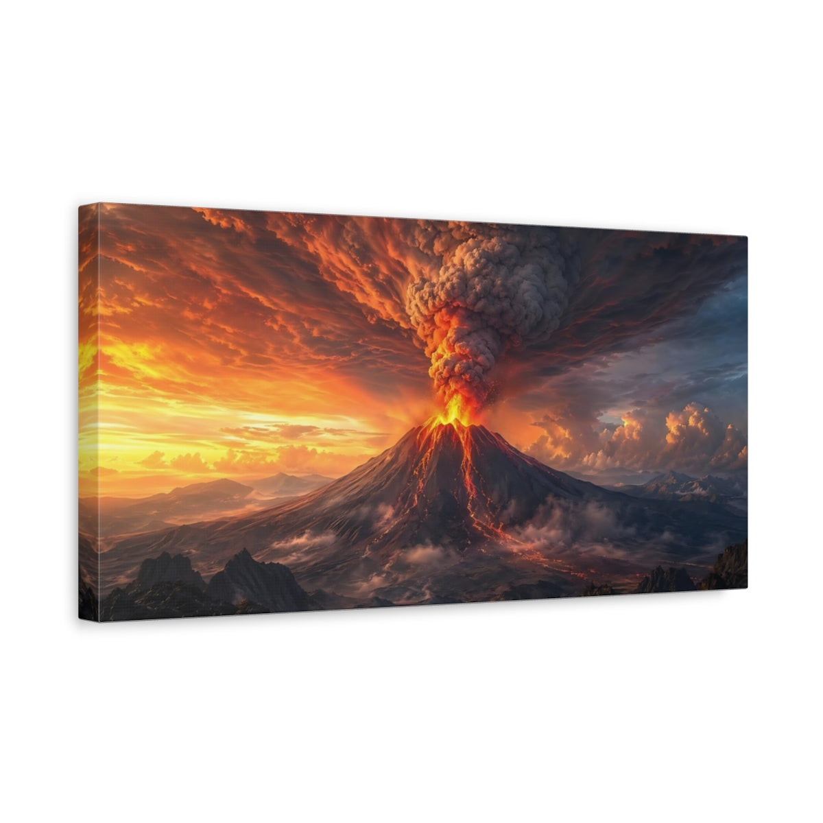 Side Mockup 3. Nature Volcano Eruption Orange And Black shown as stretched canvas wall art