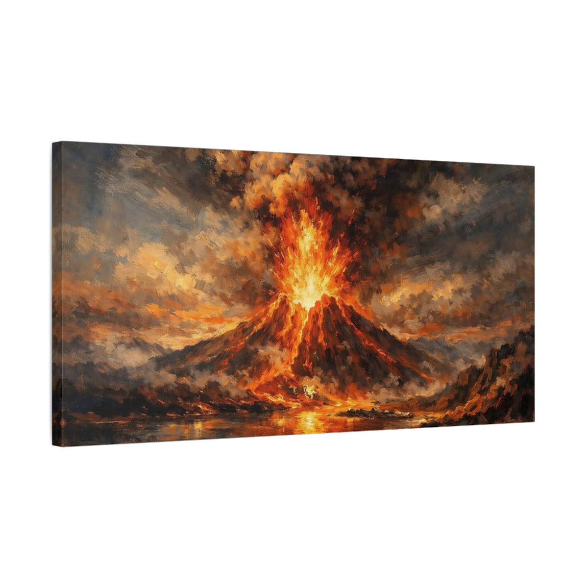 Side Mockup 2. Nature Volcano Eruption Orange And Black shown as stretched canvas wall art