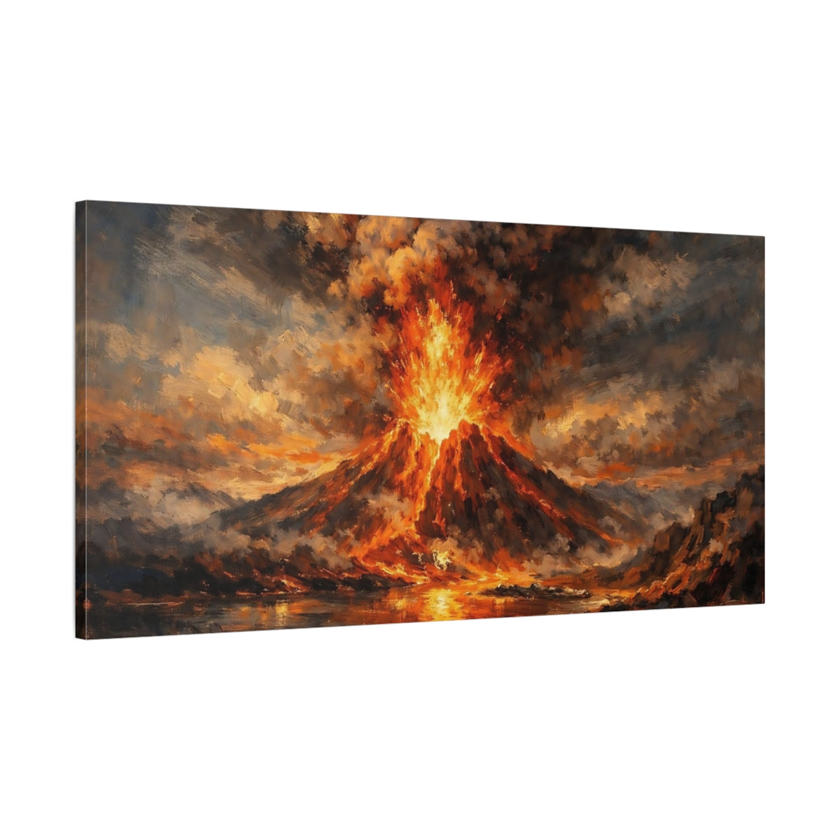 Side Mockup 1. Nature Volcano Eruption Orange And Black shown as stretched canvas wall art