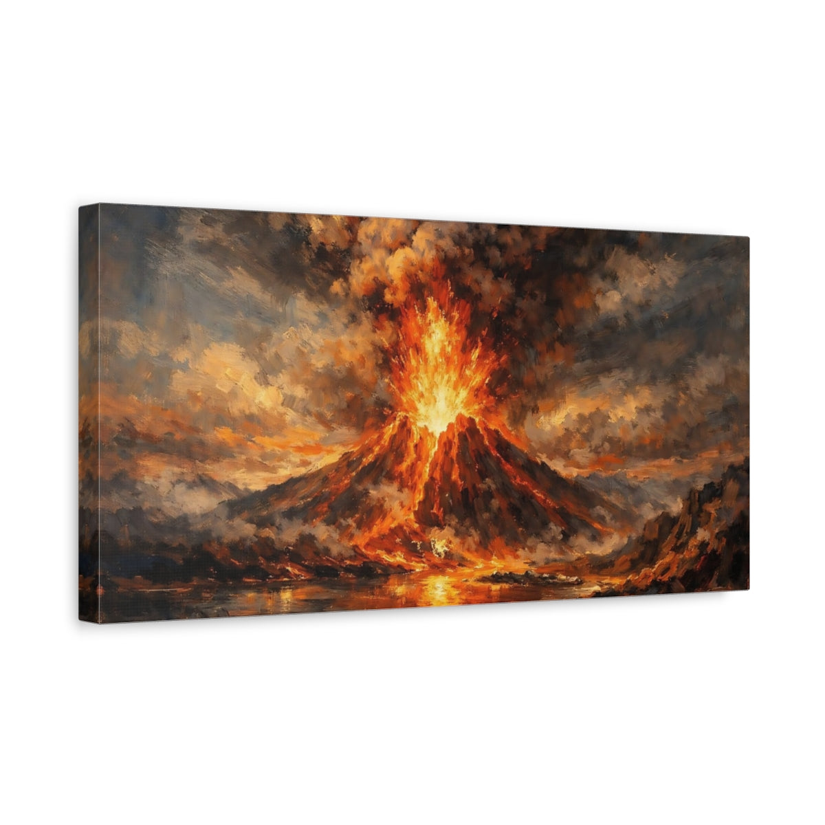 Side Mockup 3. Nature Volcano Eruption Orange And Black shown as stretched canvas wall art