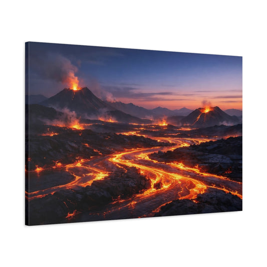 Main Mockup. Nature Volcano Eruption Orange And Black Lava shown as stretched canvas wall art