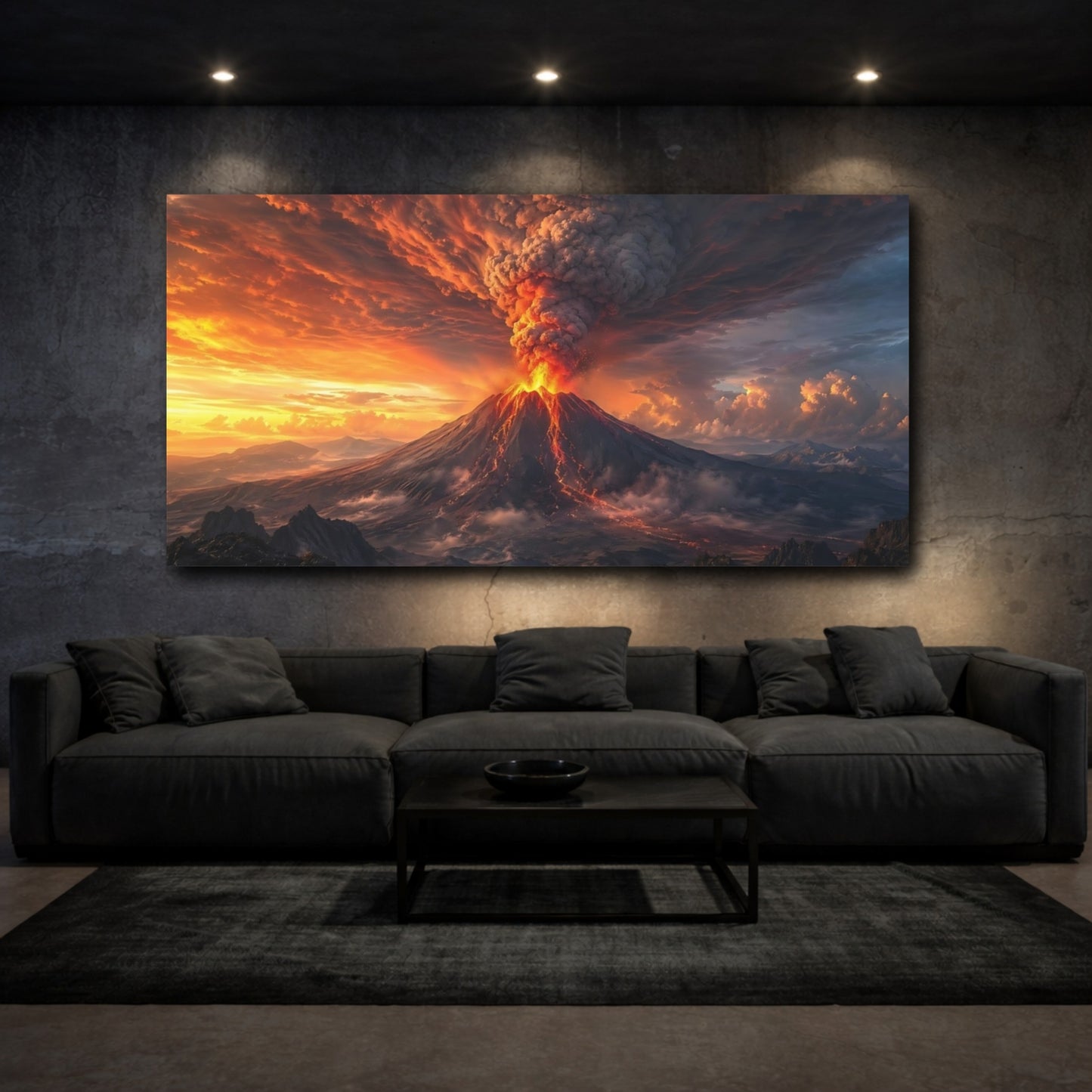 Mockup 2. Nature Volcano Eruption Orange And Black shown as stretched canvas wall art