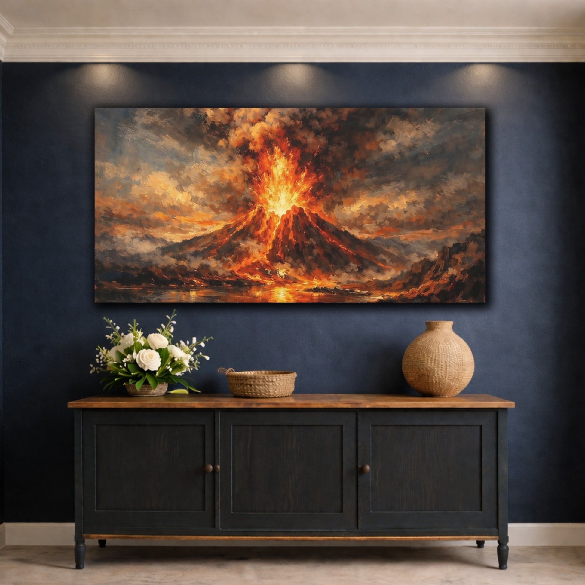 Mockup 4. Nature Volcano Eruption Orange And Black shown as stretched canvas wall art