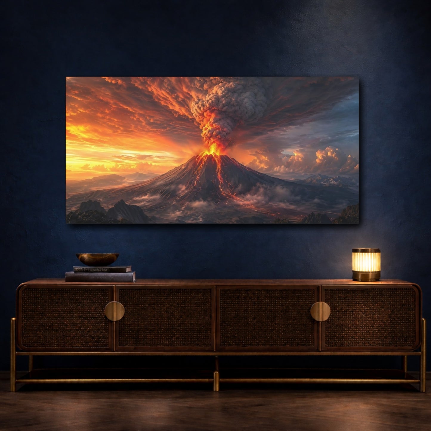 Mockup 4. Nature Volcano Eruption Orange And Black shown as stretched canvas wall art