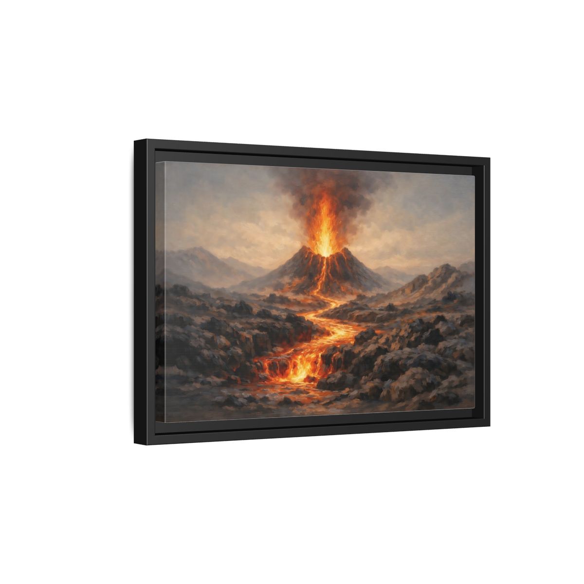 Side Mockup 6. Nature Volcano Eruption Orange And Gray Volcano shown as stretched canvas wall art