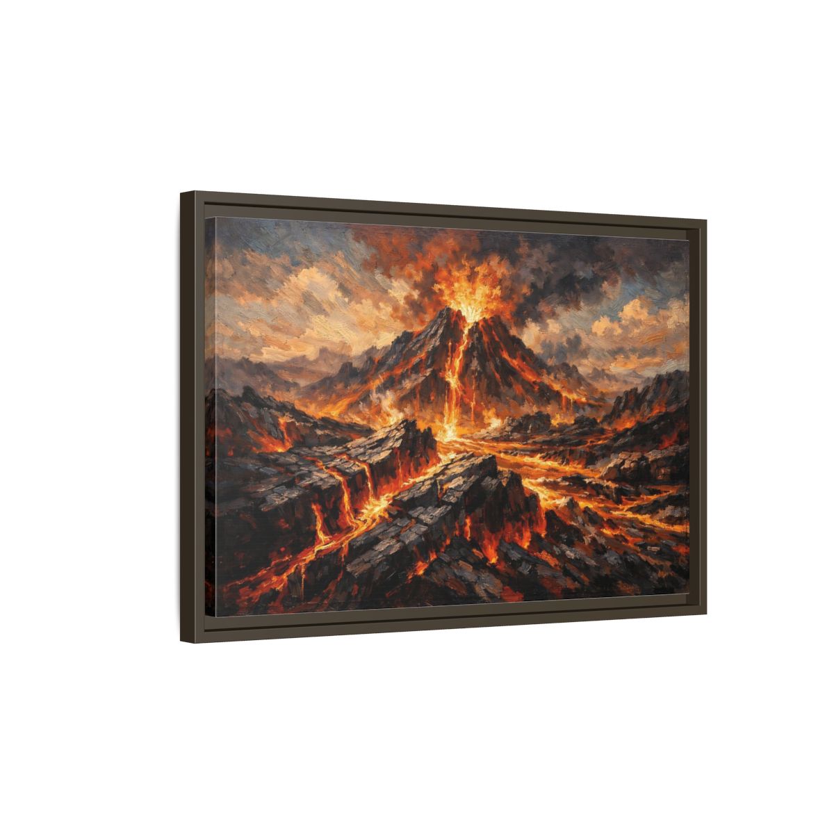 Side Mockup 2. Nature Volcano Eruption Orange And Gray shown as stretched canvas wall art