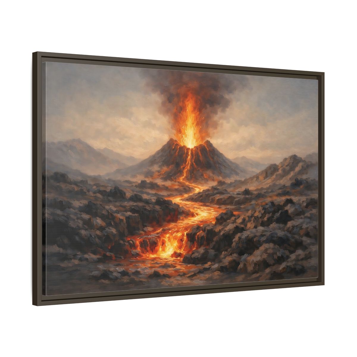 Side Mockup 9. Nature Volcano Eruption Orange And Gray Volcano shown as stretched canvas wall art