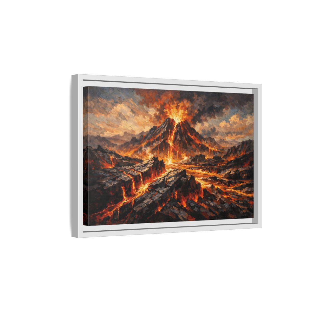 Side Mockup 4. Nature Volcano Eruption Orange And Gray shown as stretched canvas wall art