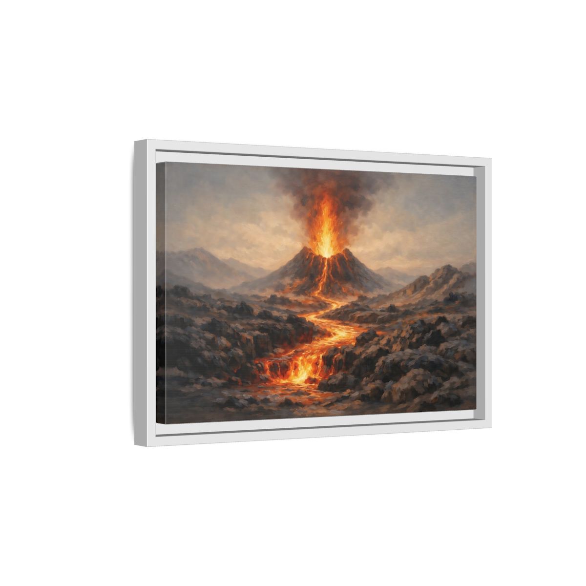 Side Mockup 4. Nature Volcano Eruption Orange And Gray Volcano shown as stretched canvas wall art