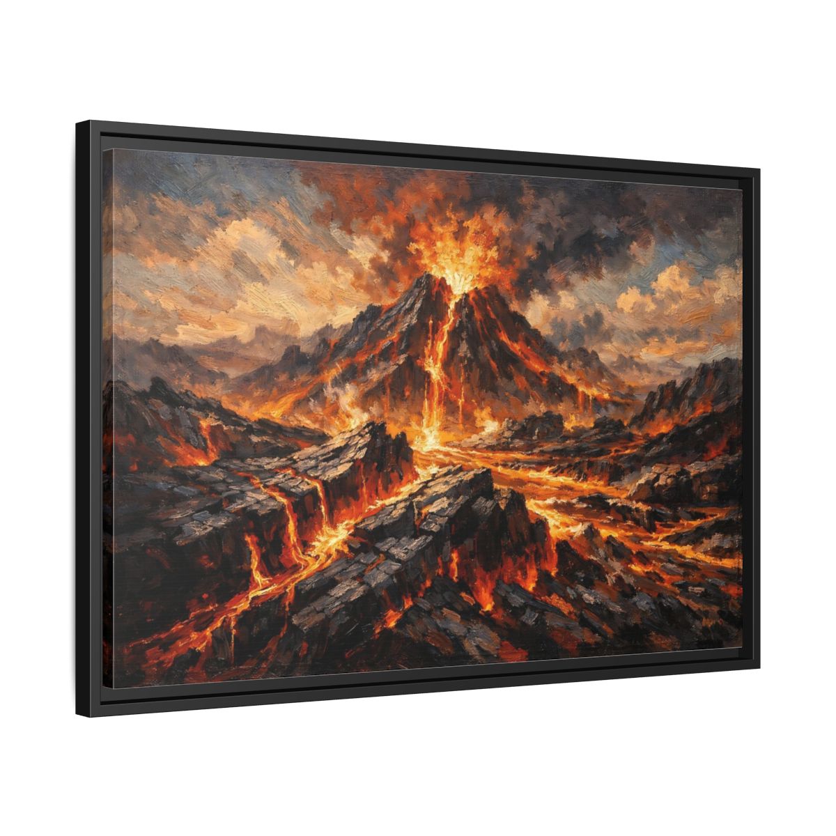 Side Mockup 14. Nature Volcano Eruption Orange And Gray shown as stretched canvas wall art