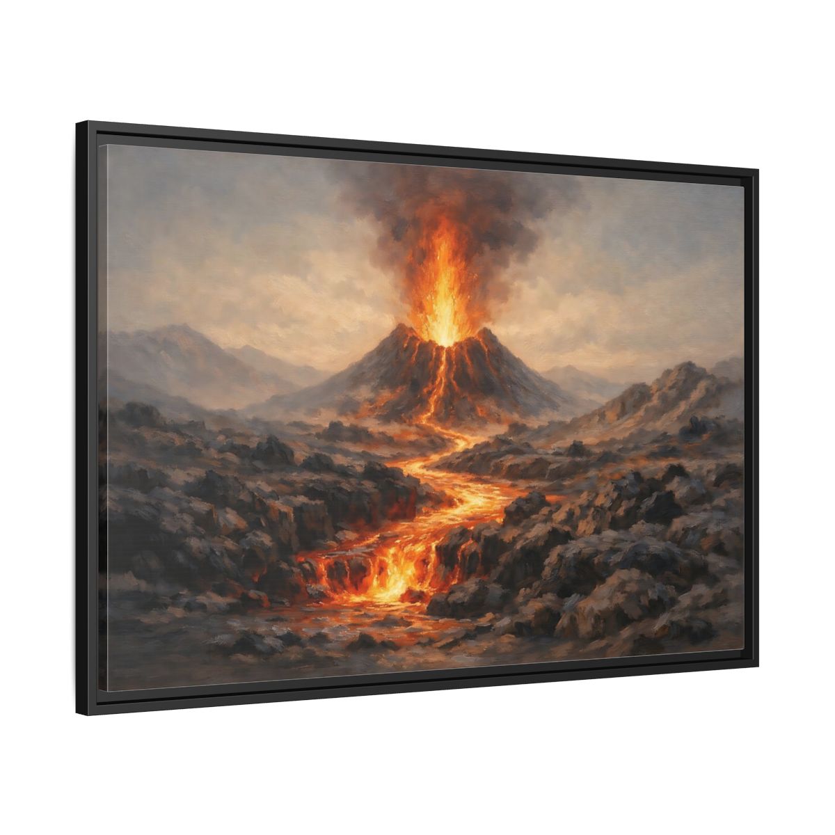 Side Mockup 13. Nature Volcano Eruption Orange And Gray Volcano shown as stretched canvas wall art