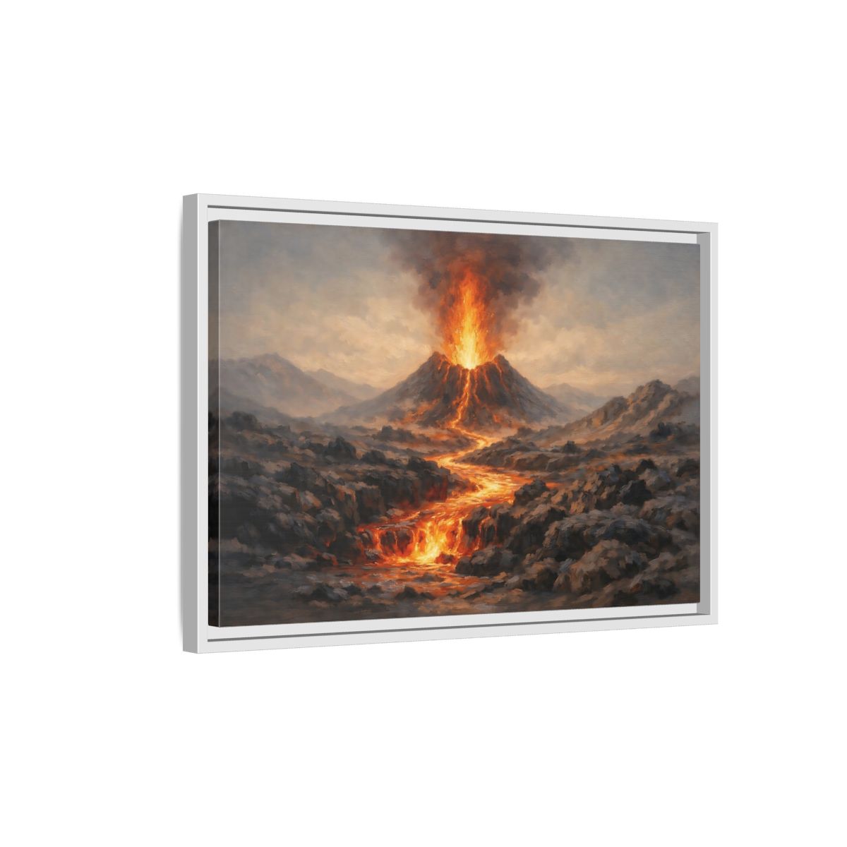 Side Mockup 1. Nature Volcano Eruption Orange And Gray Volcano shown as stretched canvas wall art