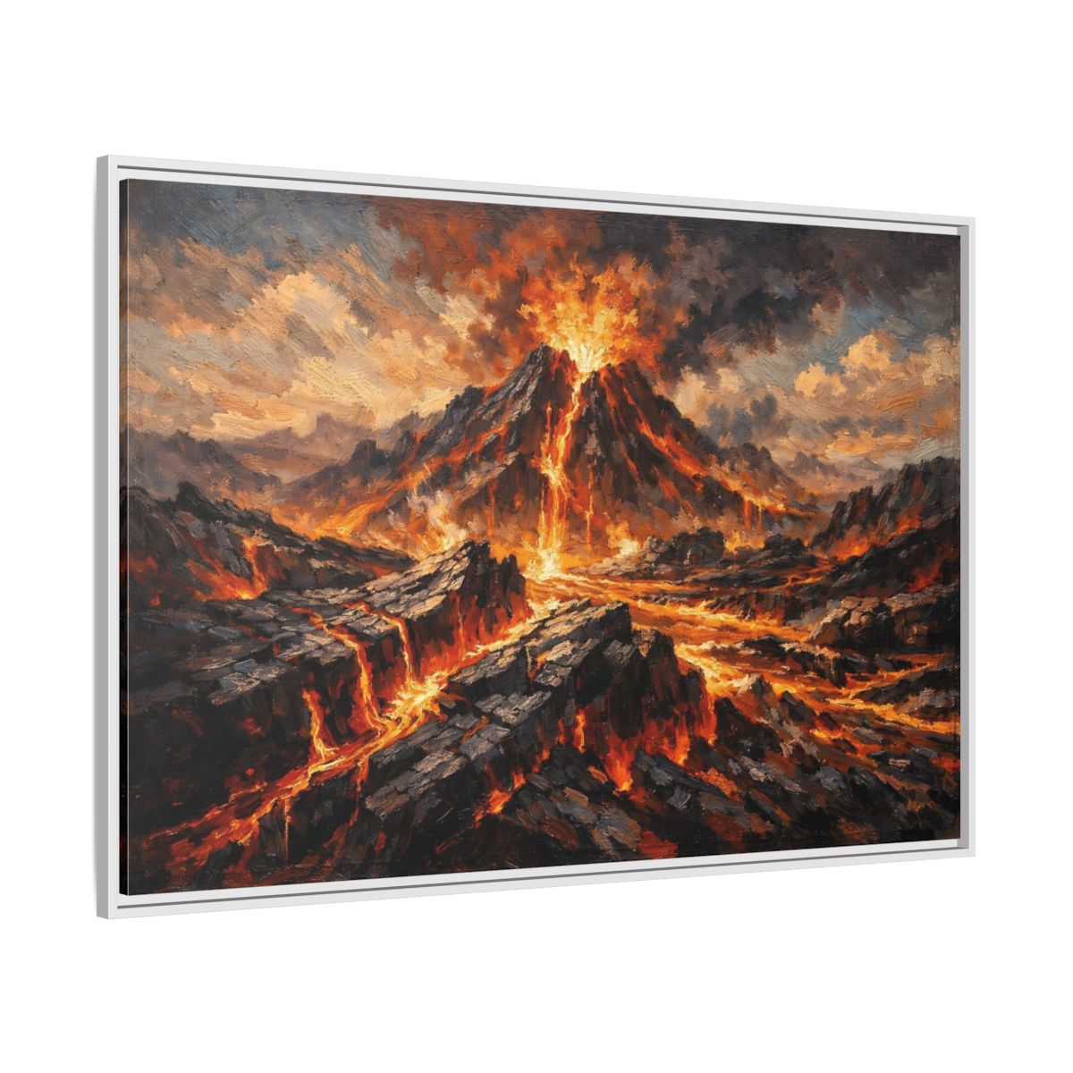 Side Mockup 7. Nature Volcano Eruption Orange And Gray shown as stretched canvas wall art