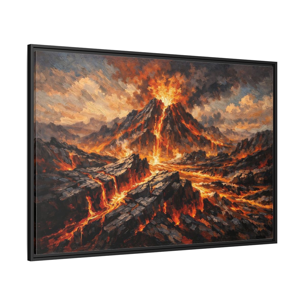 Side Mockup 12. Nature Volcano Eruption Orange And Gray shown as stretched canvas wall art