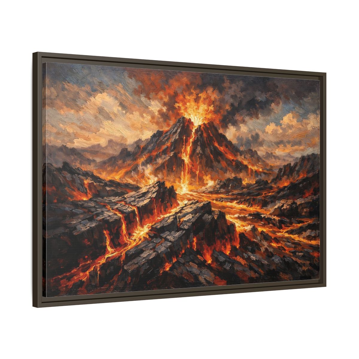 Side Mockup 9. Nature Volcano Eruption Orange And Gray shown as stretched canvas wall art