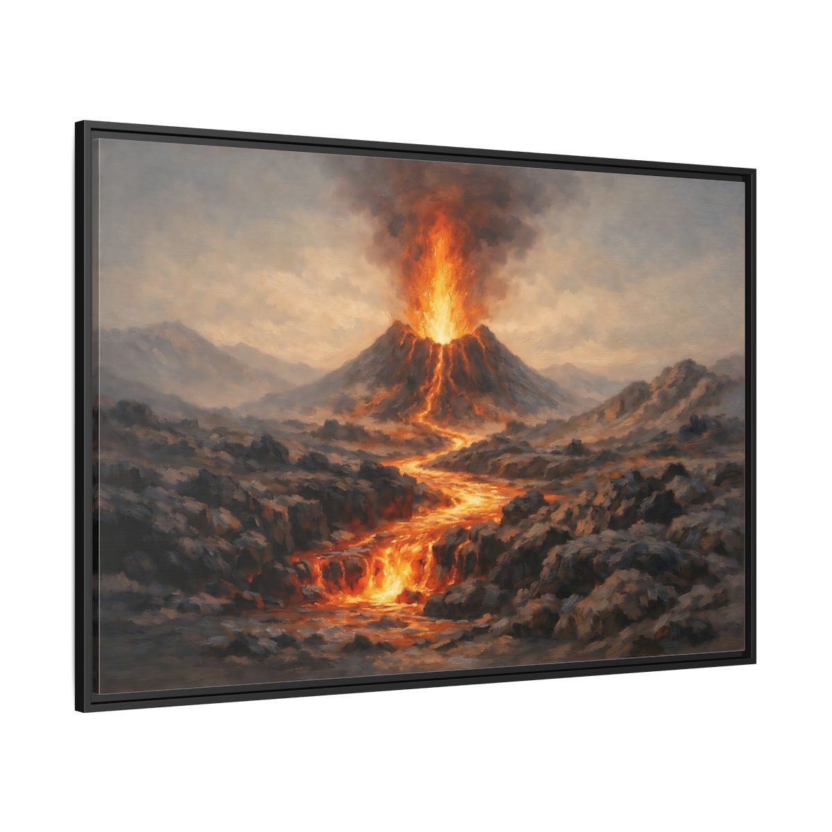 Side Mockup 12. Nature Volcano Eruption Orange And Gray Volcano shown as stretched canvas wall art