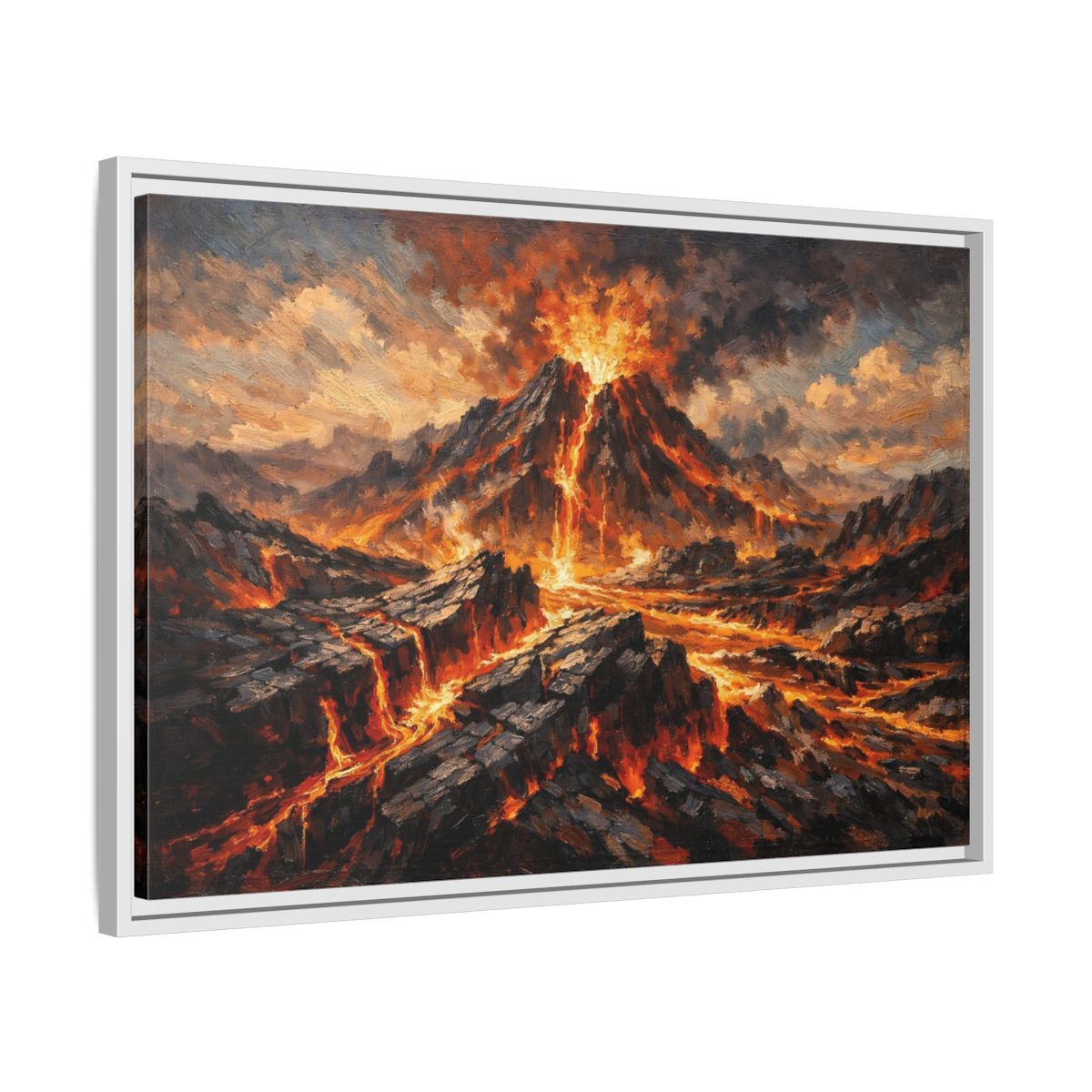 Side Mockup 10. Nature Volcano Eruption Orange And Gray shown as stretched canvas wall art