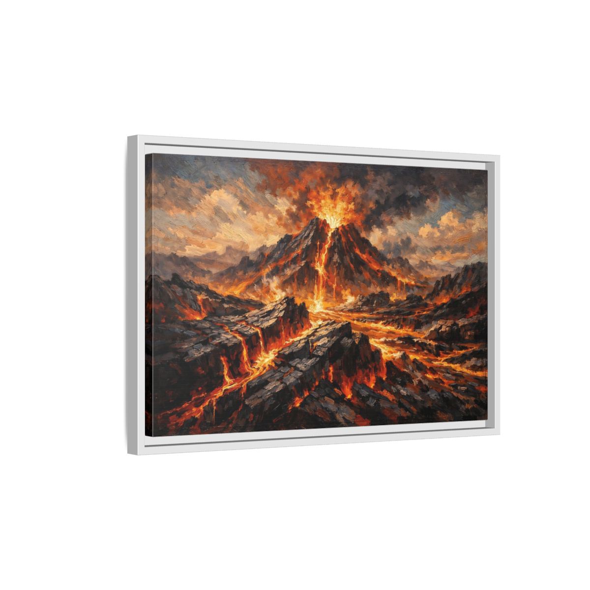 Side Mockup 1. Nature Volcano Eruption Orange And Gray shown as stretched canvas wall art