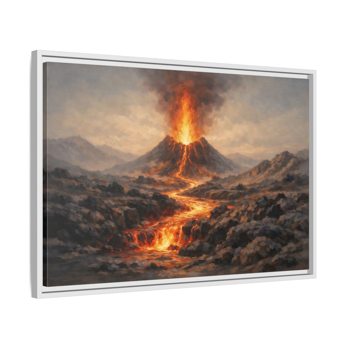 Side Mockup 10. Nature Volcano Eruption Orange And Gray Volcano shown as stretched canvas wall art