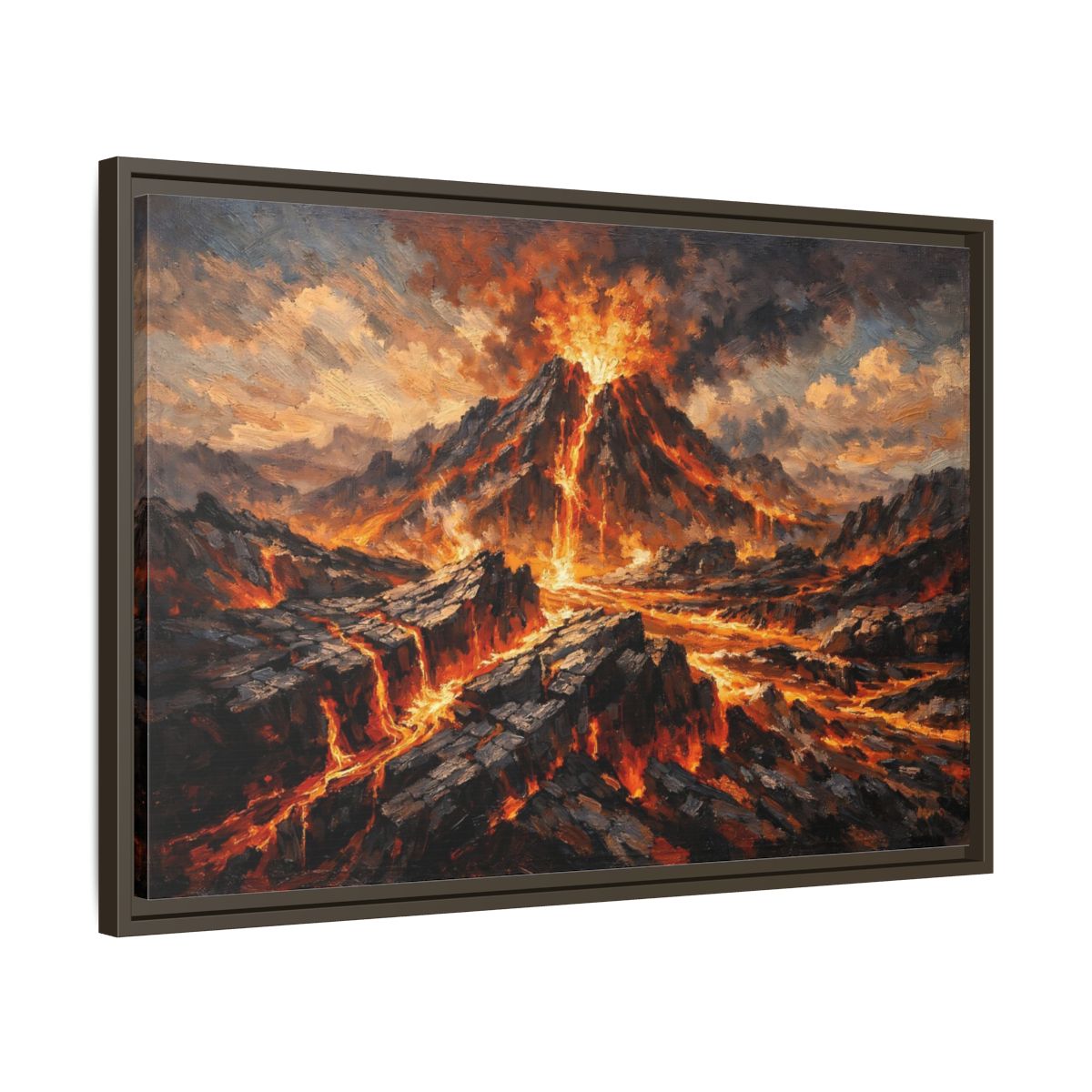 Side Mockup 11. Nature Volcano Eruption Orange And Gray shown as stretched canvas wall art