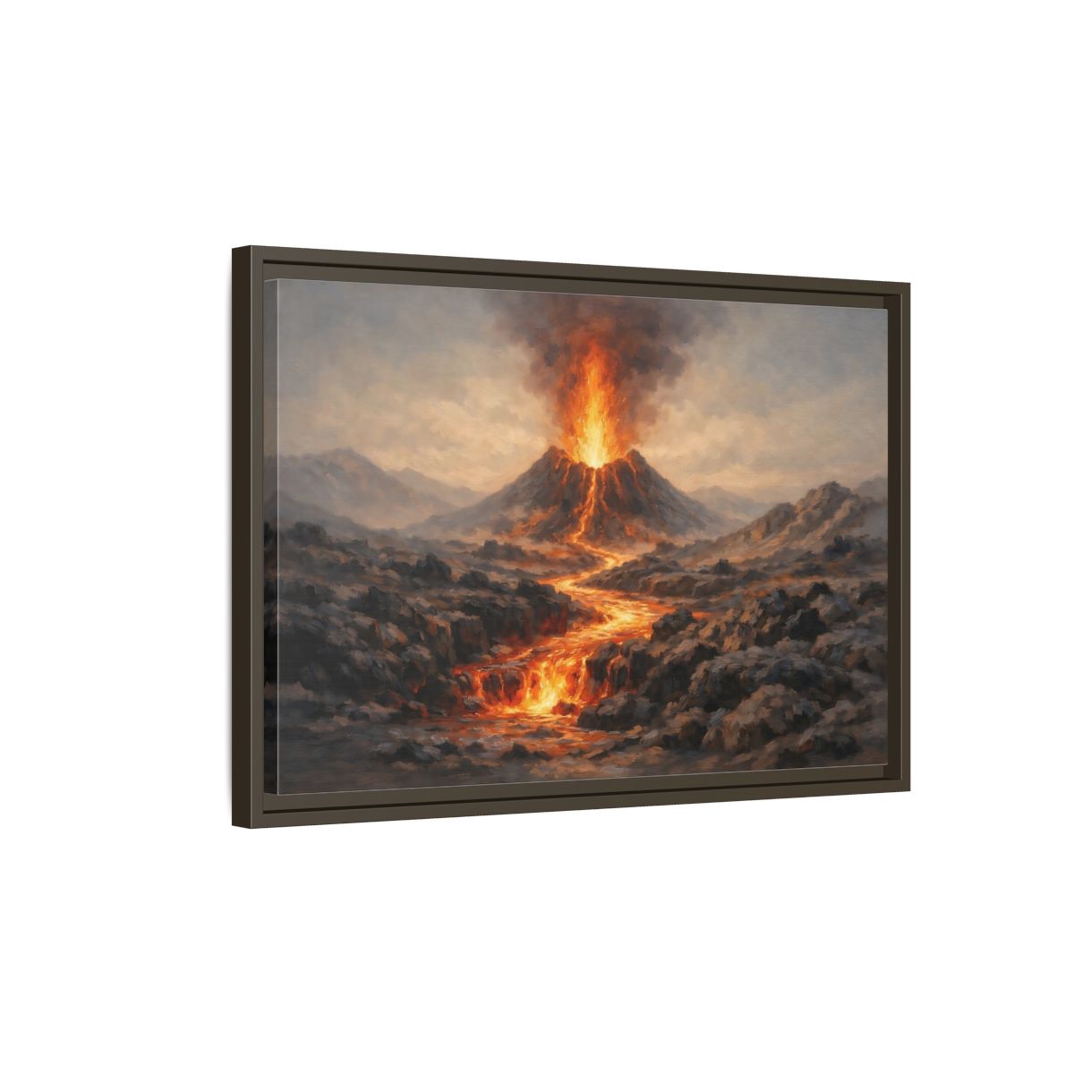 Side Mockup 2. Nature Volcano Eruption Orange And Gray Volcano shown as stretched canvas wall art
