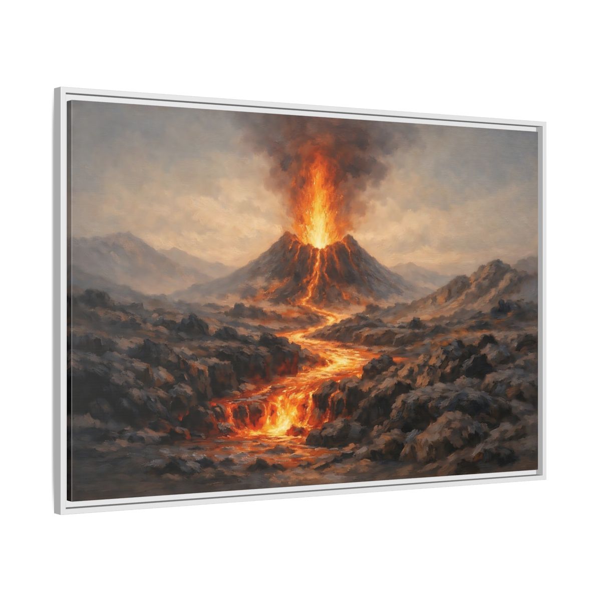 Side Mockup 7. Nature Volcano Eruption Orange And Gray Volcano shown as stretched canvas wall art