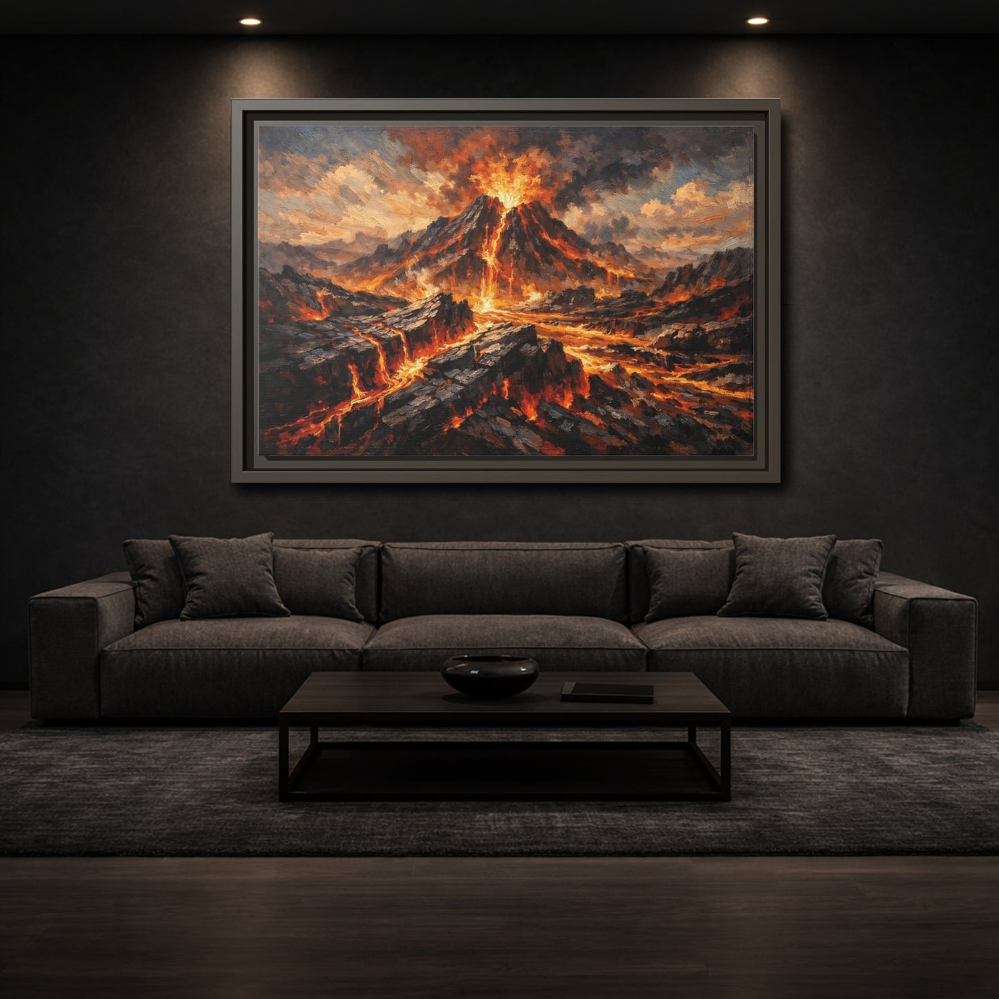 Mockup 2. Nature Volcano Eruption Orange And Gray shown as stretched canvas wall art