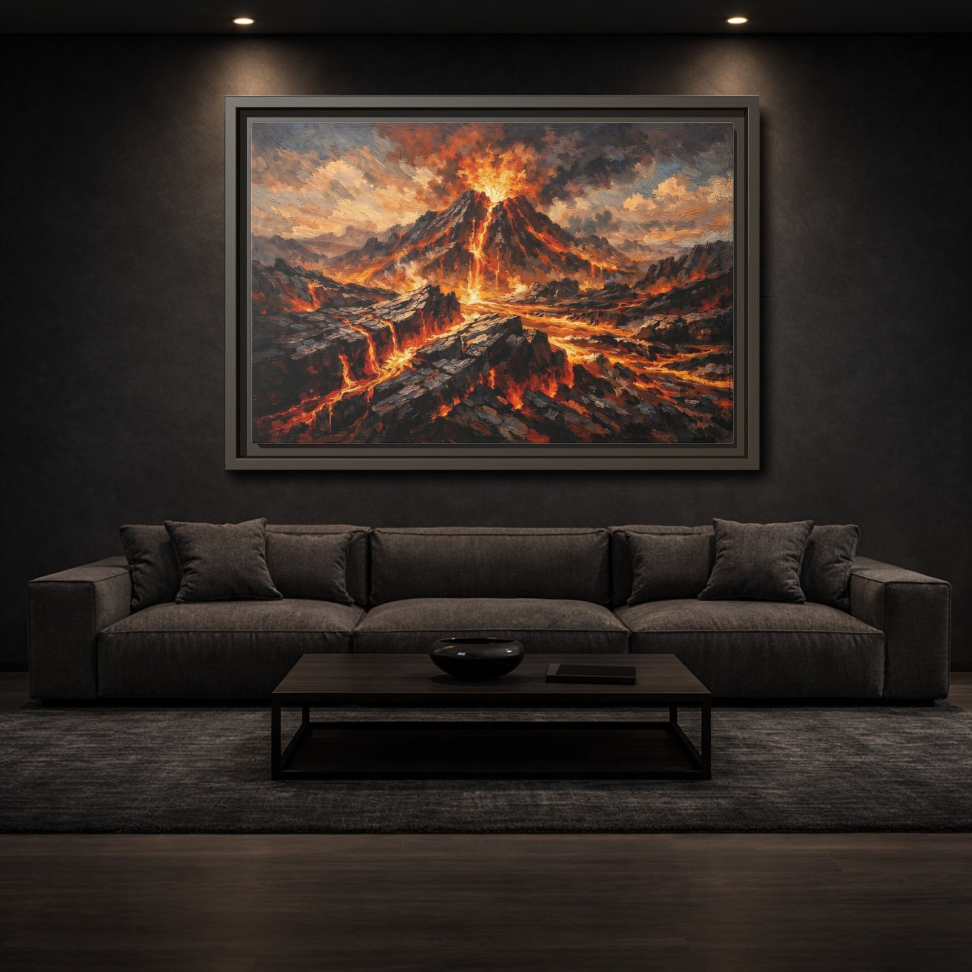 Mockup 2. Nature Volcano Eruption Orange And Gray shown as stretched canvas wall art