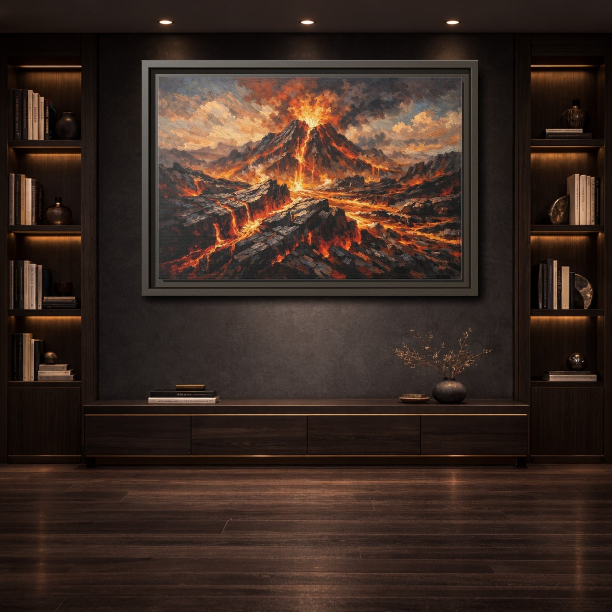 Mockup 3. Nature Volcano Eruption Orange And Gray shown as stretched canvas wall art