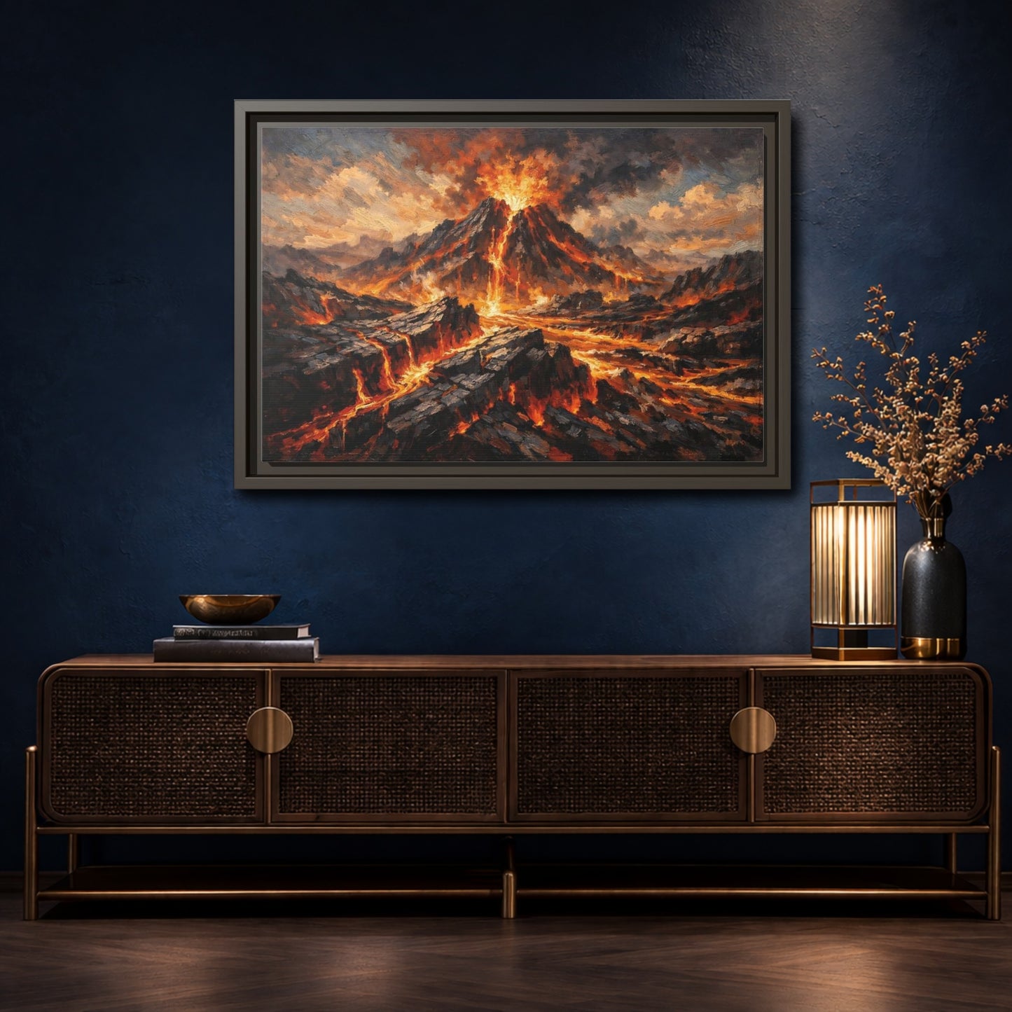 Mockup 4. Nature Volcano Eruption Orange And Gray shown as stretched canvas wall art