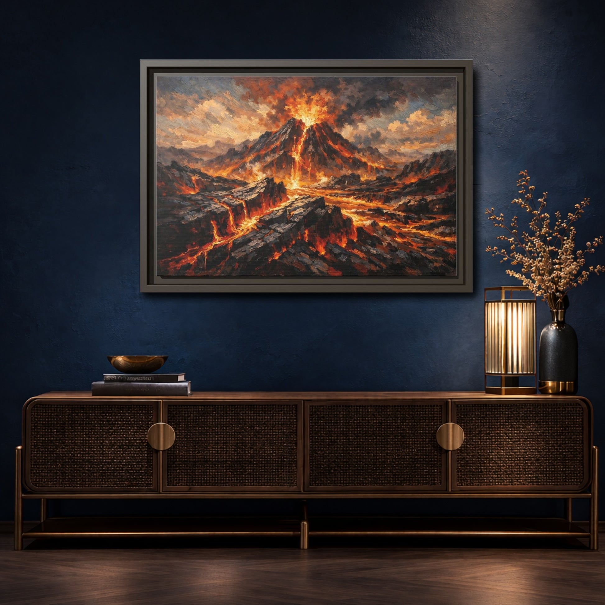 Mockup 4. Nature Volcano Eruption Orange And Gray shown as stretched canvas wall art
