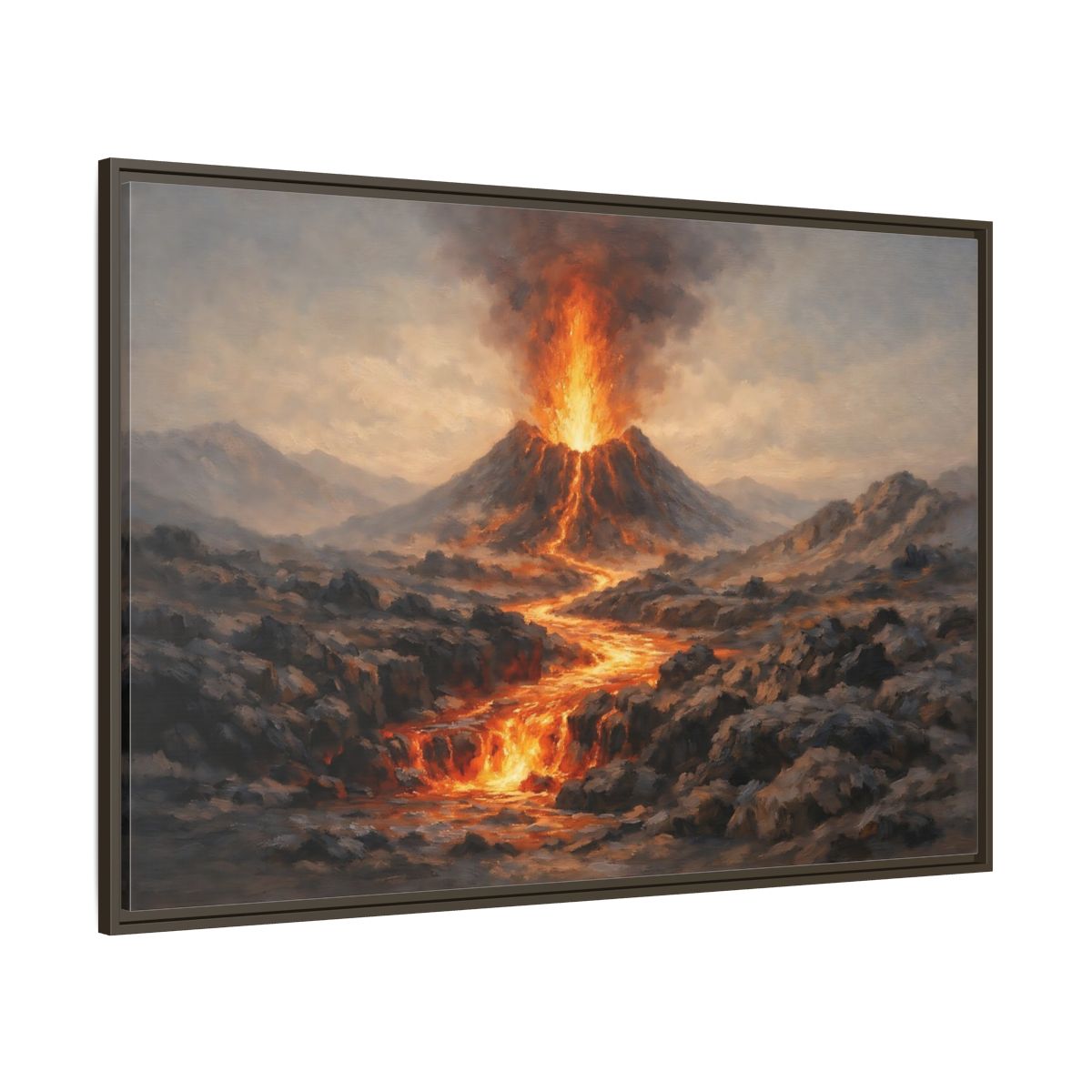 Main Mockup. Nature Volcano Eruption Orange And Gray Volcano shown as stretched canvas wall art