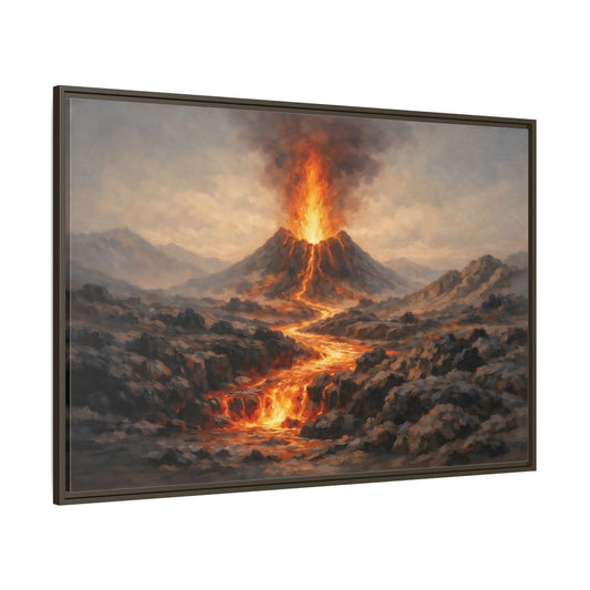 Main Mockup. Nature Volcano Eruption Orange And Gray Volcano shown as stretched canvas wall art