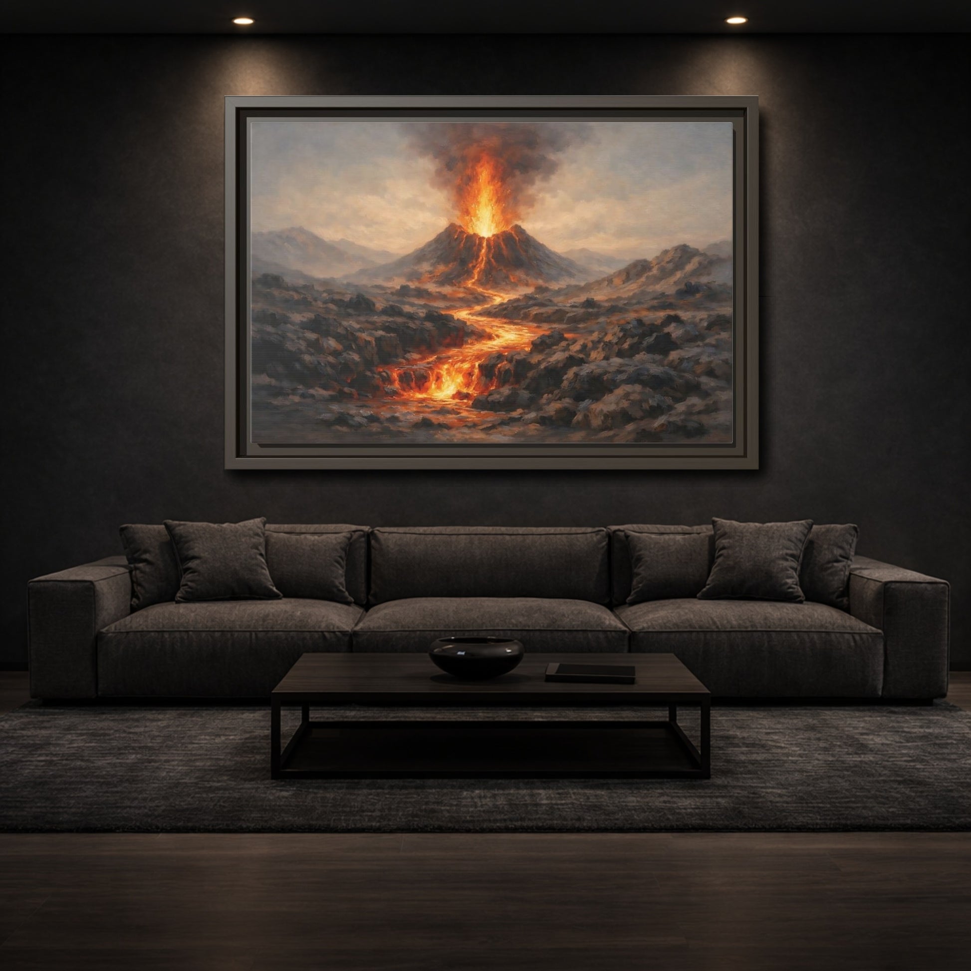 Mockup 2. Nature Volcano Eruption Orange And Gray Volcano shown as stretched canvas wall art