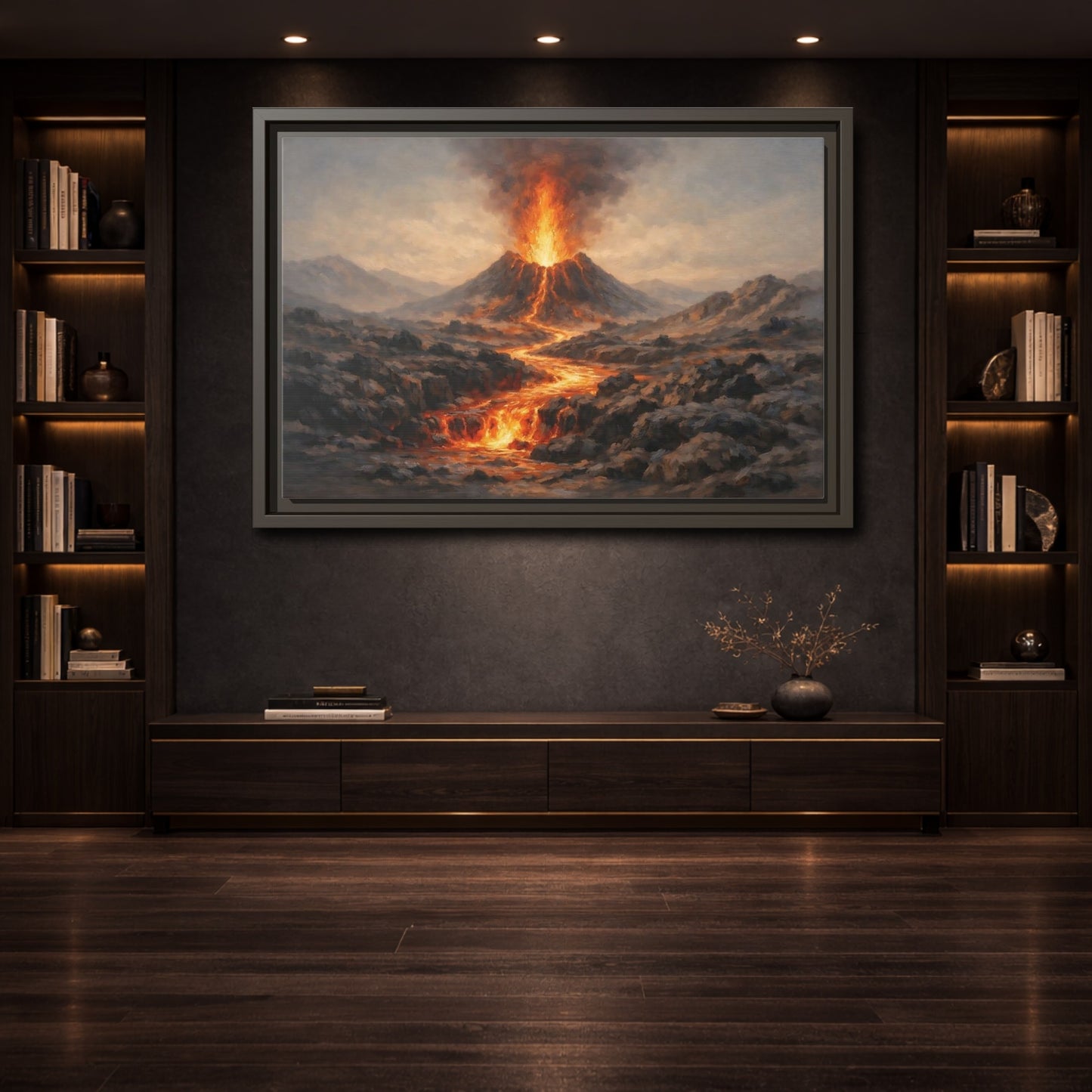 Mockup 3. Nature Volcano Eruption Orange And Gray Volcano shown as stretched canvas wall art
