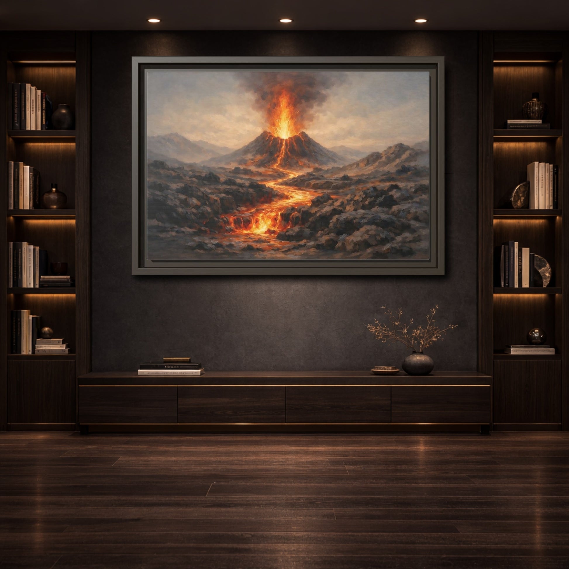 Mockup 3. Nature Volcano Eruption Orange And Gray Volcano shown as stretched canvas wall art