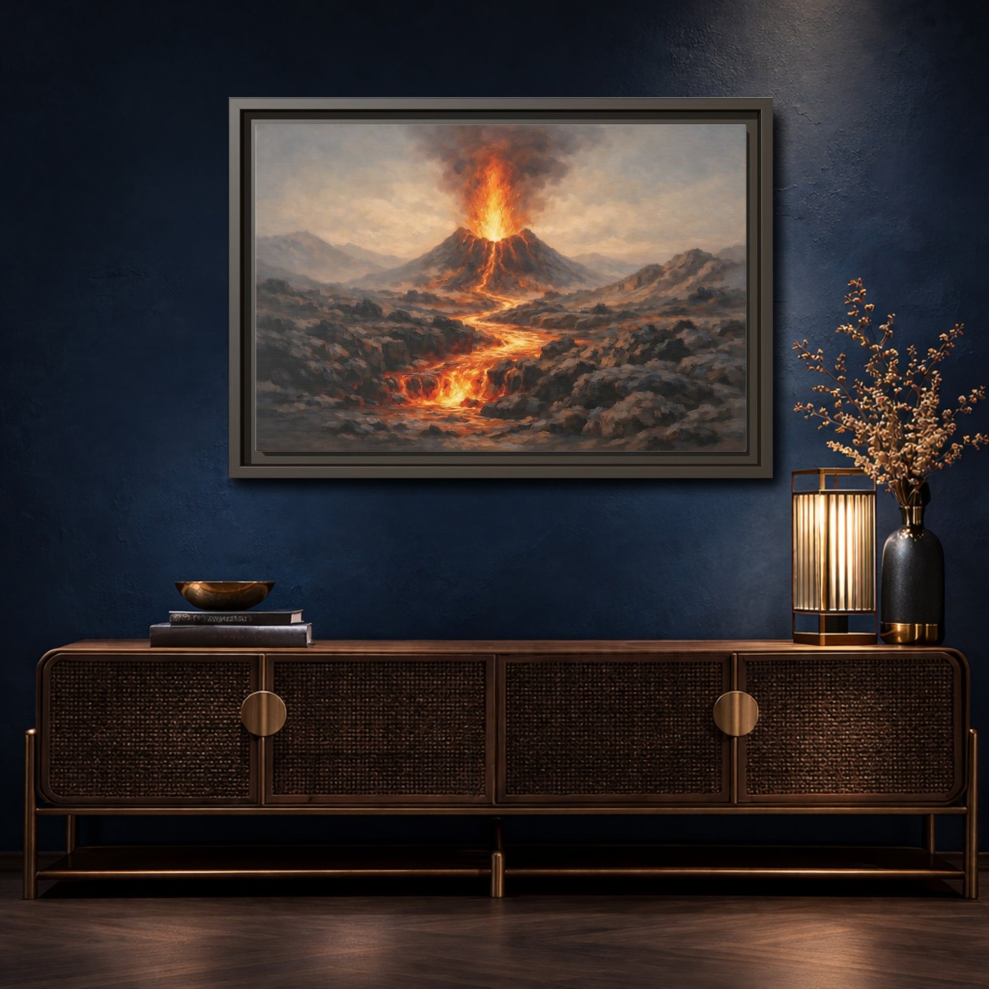 Mockup 4. Nature Volcano Eruption Orange And Gray Volcano shown as stretched canvas wall art