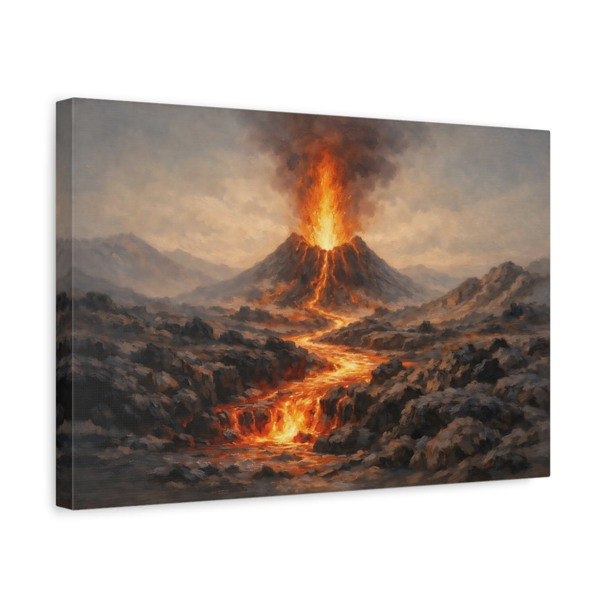 Side Mockup 4. Nature Volcano Eruption Orange And Grey shown as stretched canvas wall art