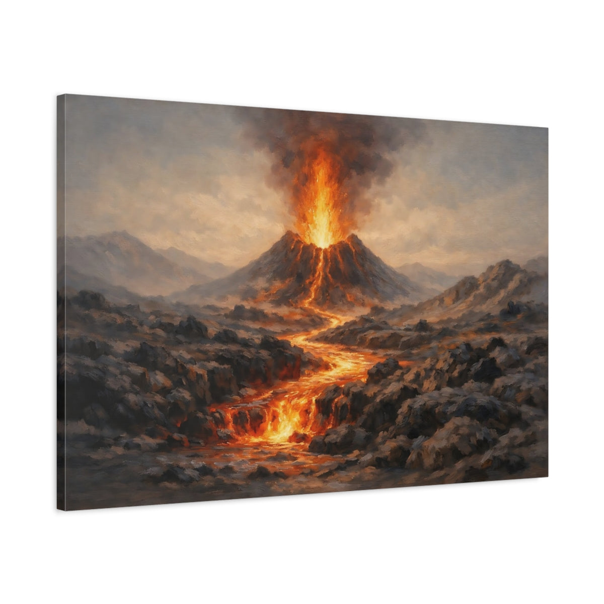 Side Mockup 1. Nature Volcano Eruption Orange And Grey shown as stretched canvas wall art