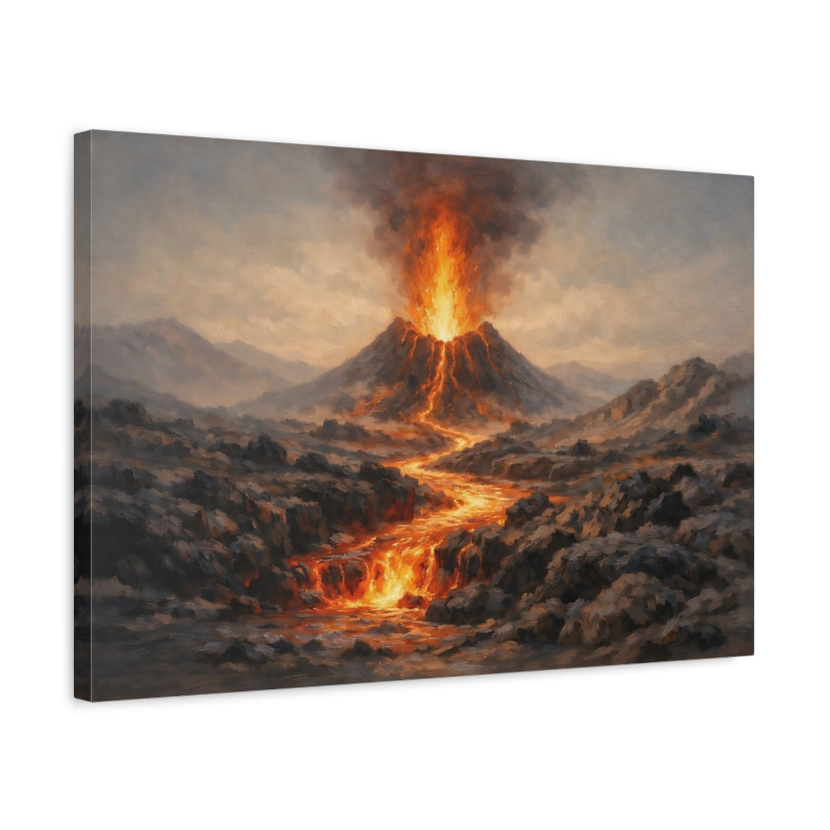 Side Mockup 3. Nature Volcano Eruption Orange And Grey shown as stretched canvas wall art