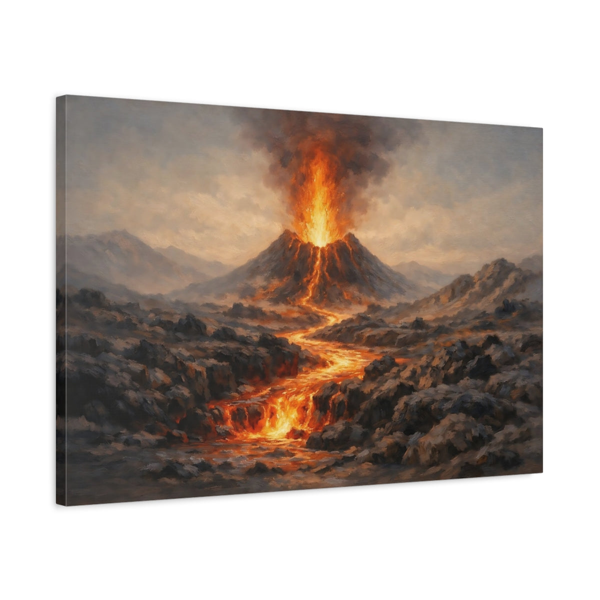 Side Mockup 2. Nature Volcano Eruption Orange And Grey shown as stretched canvas wall art