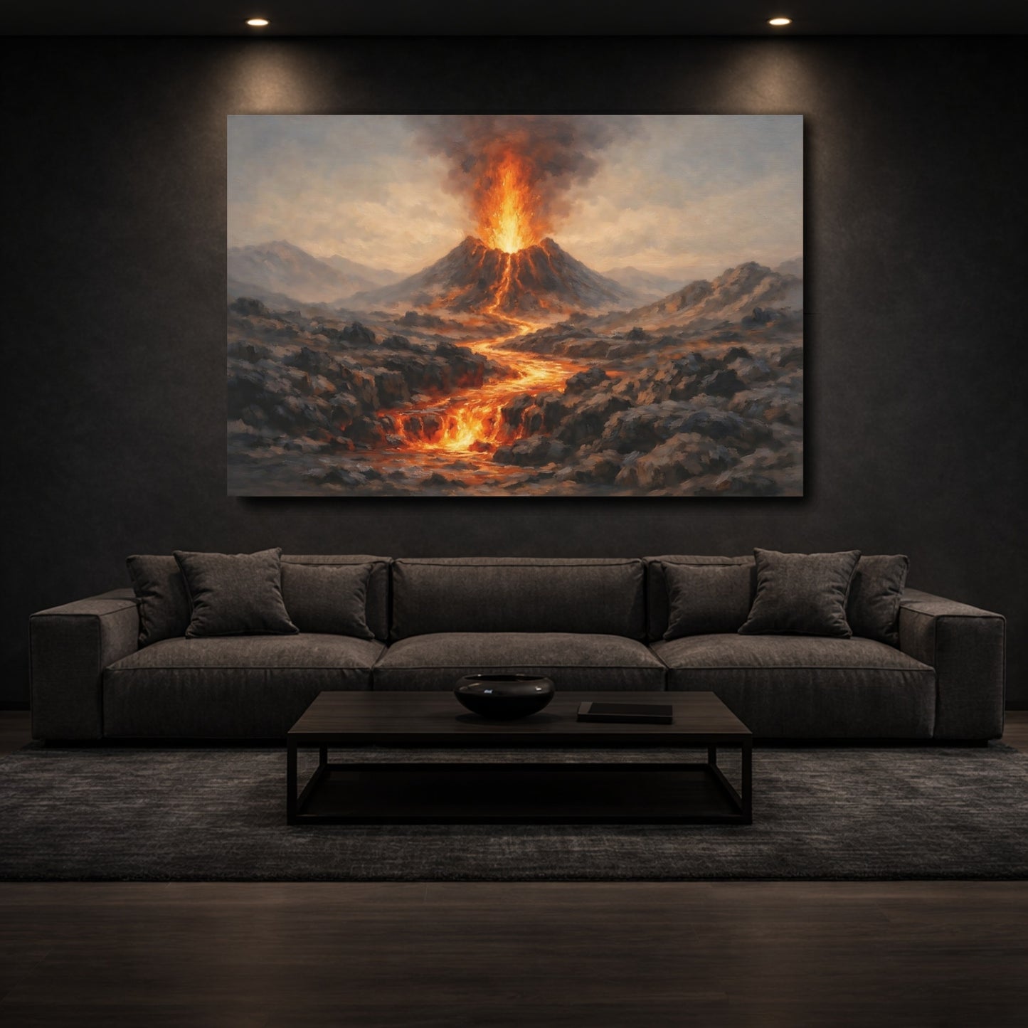 Mockup 2. Nature Volcano Eruption Orange And Grey shown as stretched canvas wall art
