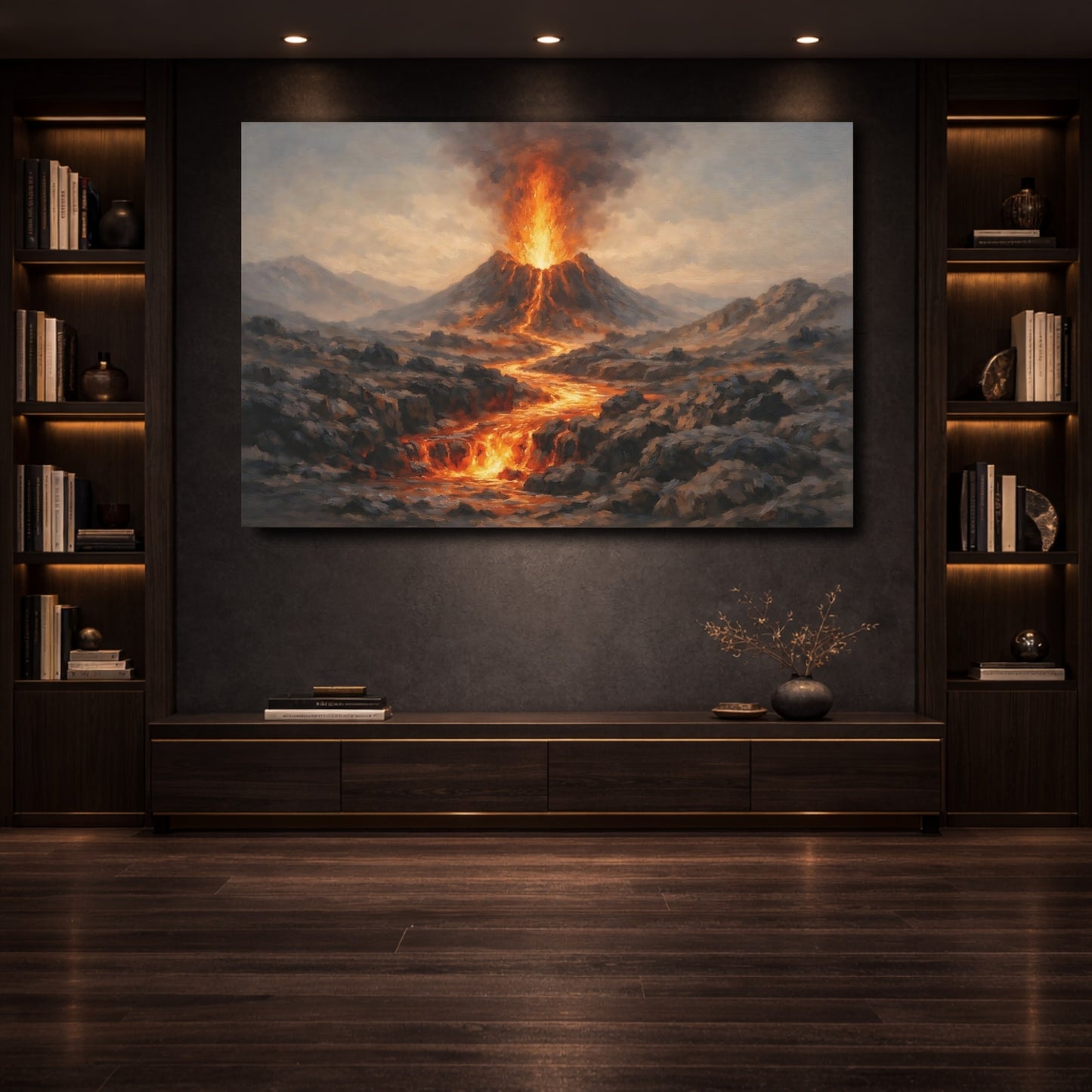 Mockup 3. Nature Volcano Eruption Orange And Grey shown as stretched canvas wall art