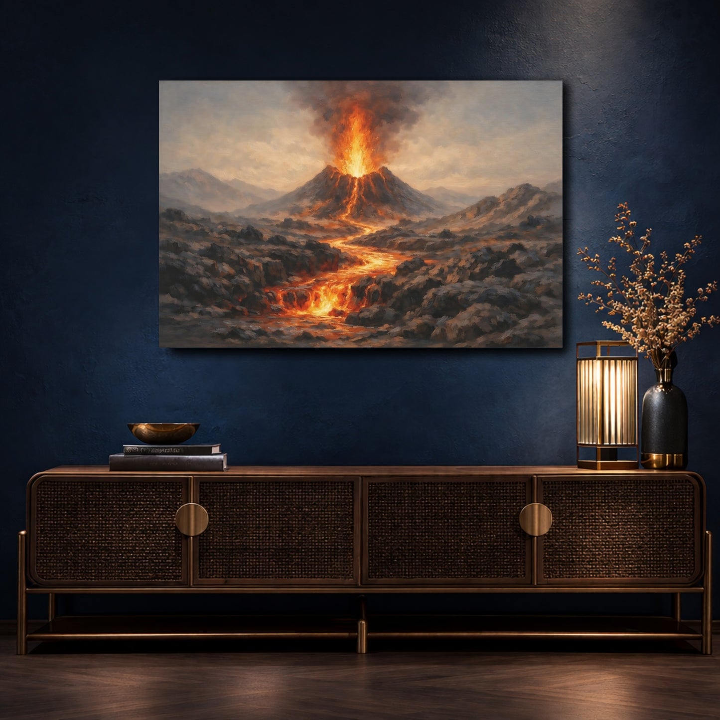 Mockup 4. Nature Volcano Eruption Orange And Grey shown as stretched canvas wall art