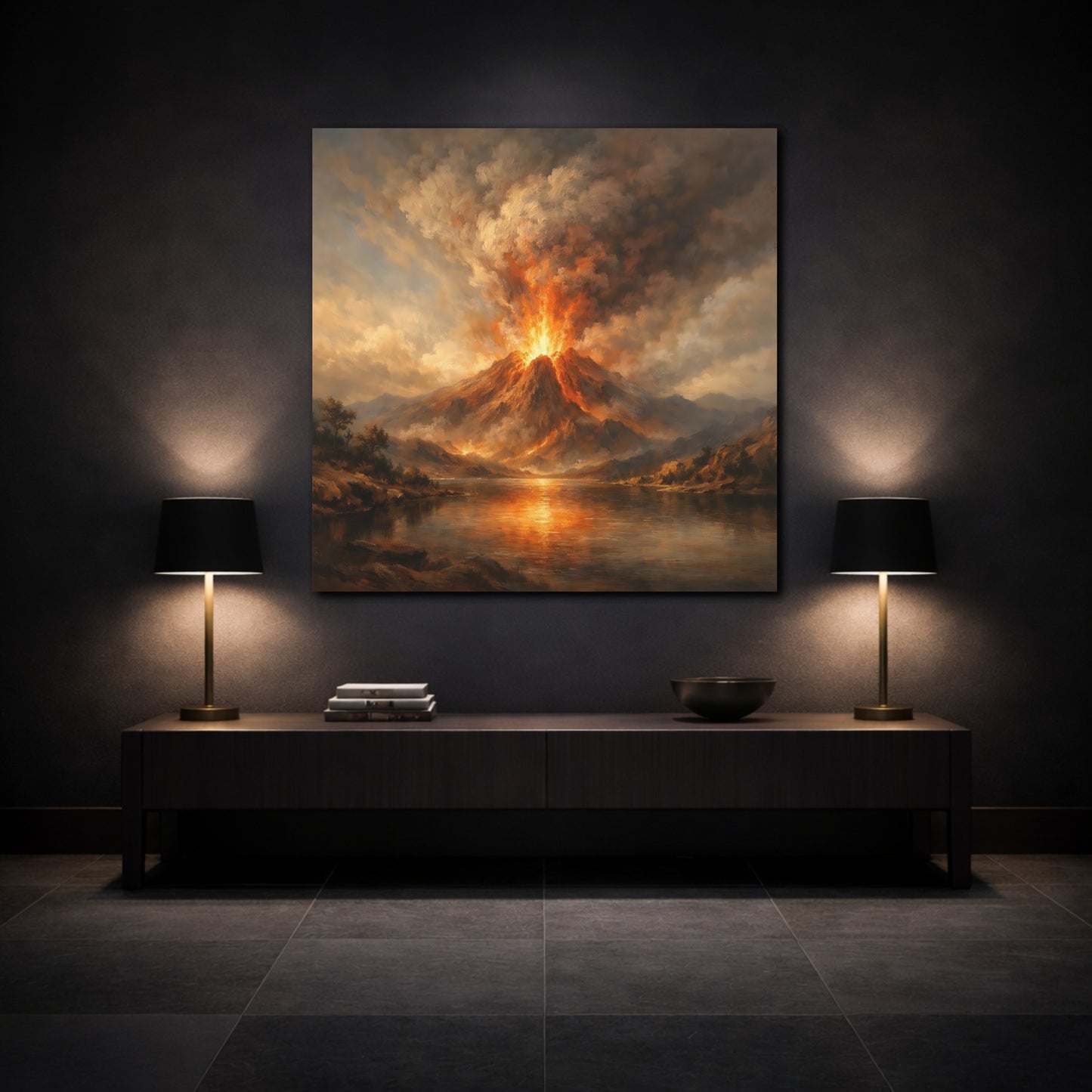 Mockup 3. Nature Volcano Eruption Orange Volcano shown as stretched canvas wall art
