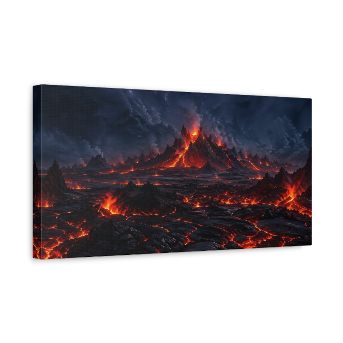 Side Mockup 3. Nature Volcano Eruption Red And Black Landscape shown as stretched canvas wall art