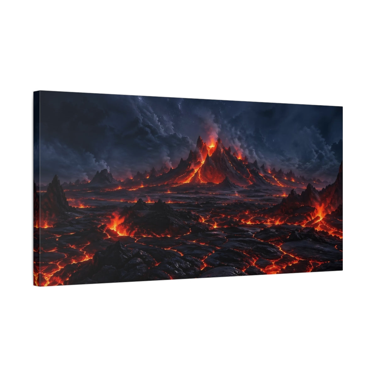 Side Mockup 1. Nature Volcano Eruption Red And Black Landscape shown as stretched canvas wall art