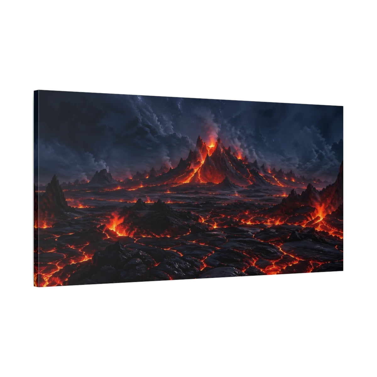 Main Mockup. Nature Volcano Eruption Red And Black Landscape shown as stretched canvas wall art