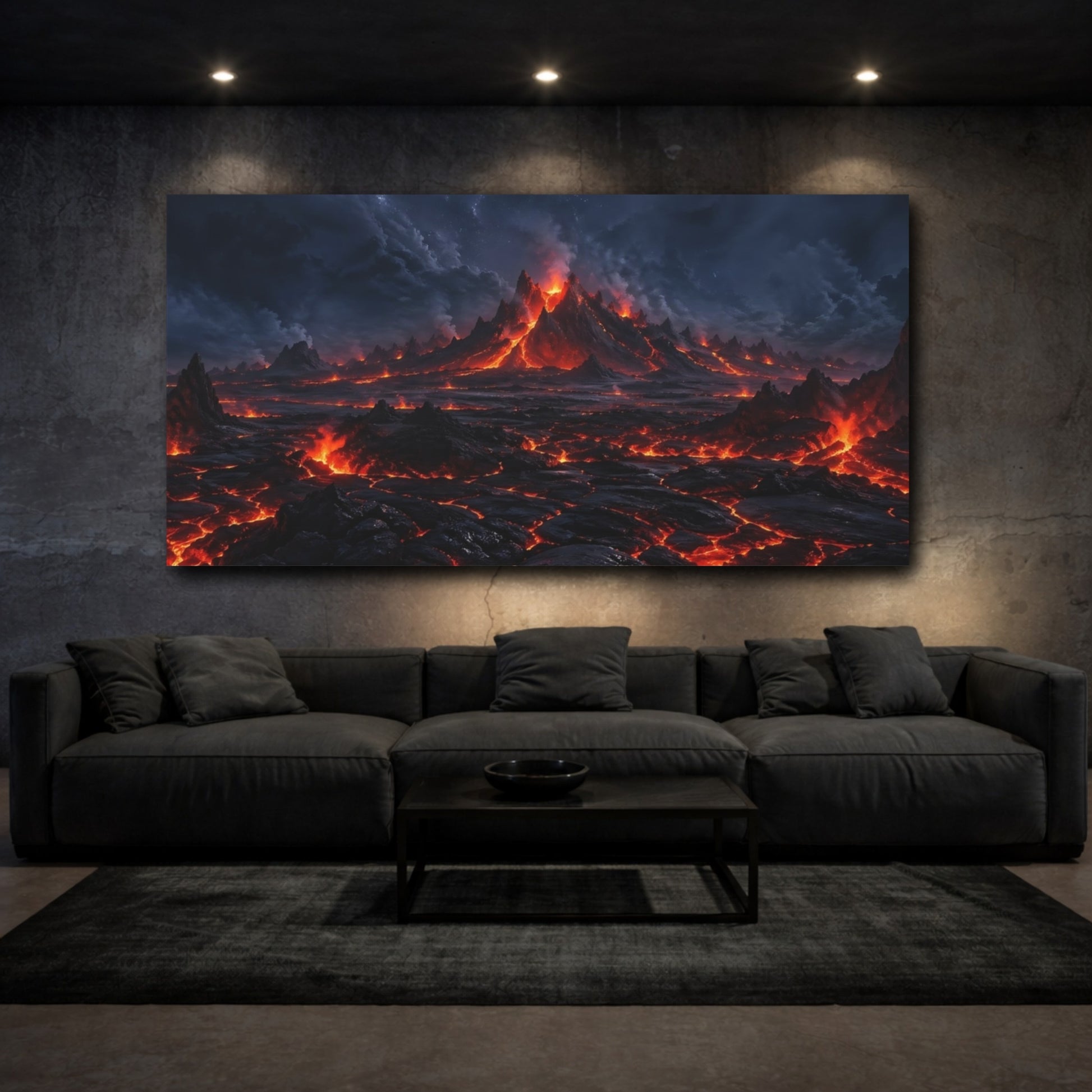 Mockup 2. Nature Volcano Eruption Red And Black Landscape shown as stretched canvas wall art
