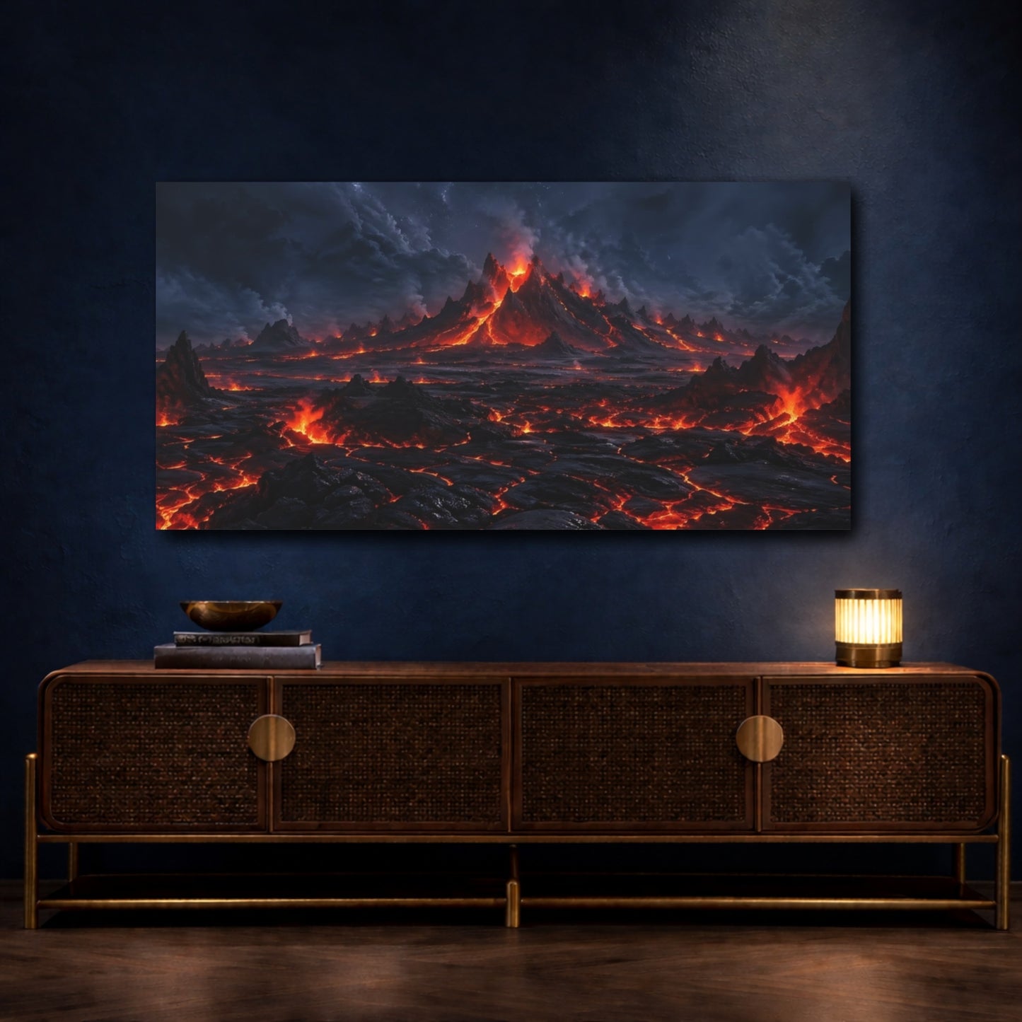Mockup 3. Nature Volcano Eruption Red And Black Landscape shown as stretched canvas wall art